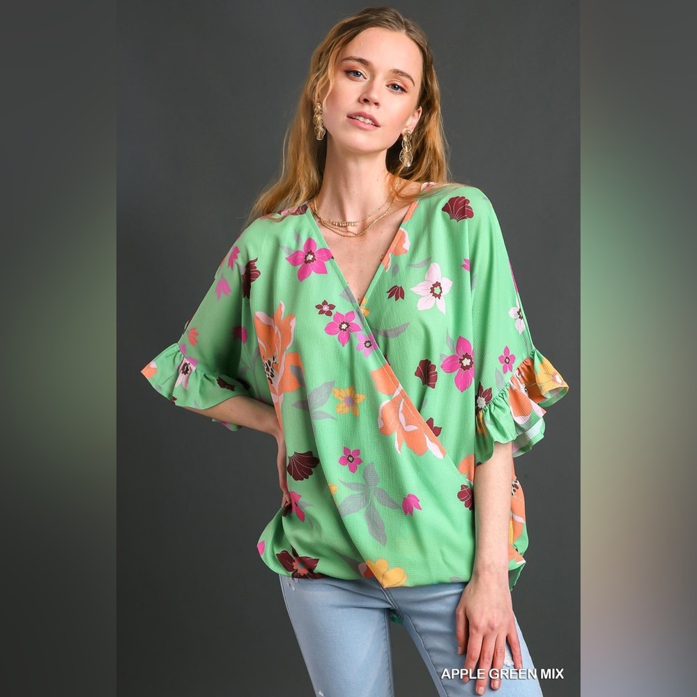 Umgee Vibrant Floral Blouse in Green